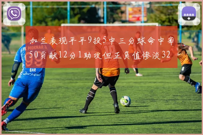 加兰表现平平9投5中三分球命中率50贡献12分1助攻但正负值惨淡32